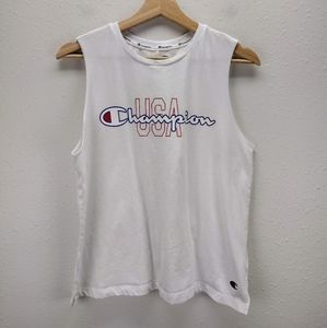 Champion USA white cropped muscle t-shirt large logo spellout sleeveless tank